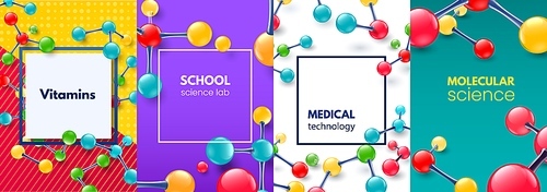 Molecular science banner. Vitamins molecule, modern medical scientific frame and school science lab banners. Biotechnology science or medical laboratory molecules structure vector background set