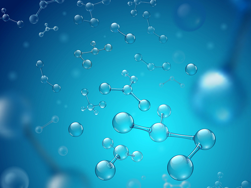 Hyaluronic acid molecules. Hydrated chemicals, molecular structure and blue spherical molecule. Microscope h2o water molecules, hyaluron acides in chemical laboratory 3d vector illustration