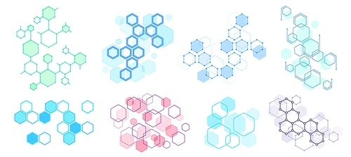 abstract hexagonal structure. futuristic composition, geometric hexagon network structures and honeycomb vector illustration set. hexagon  structure, design molecular dna, polygon honeycomb