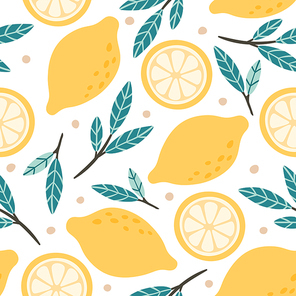 Seamless lemon pattern. Hand drawn doodle citrus mix, lemons slises and green leaves. Lemonade citrus postcard, lemon citruses drawing vector background illustration