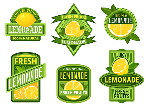 lemonade badges. lemon drink emblem badge, fresh fruits lemons juice vintage lemonades emblems. drinks bars , detox lemonade or fruits fresh juicy lemon label. isolated vector icons set