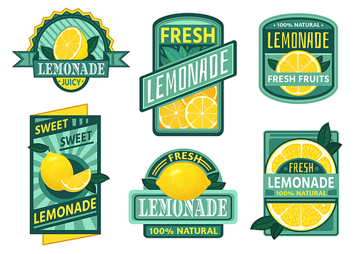 lemonade badge. lemon syrup, fresh lemonades emblems and lemons fruits juice drink vintage badges. vegetarian juice brand , cold lemon tea or rustic homemade lemonade. isolated vector icons set