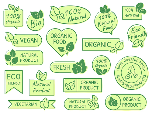 green leaves labels. , healthy and natural products. certified quality fresh organic vegetarian food vector label or bio leaf sticker. vegetarian health isolated icons concept set