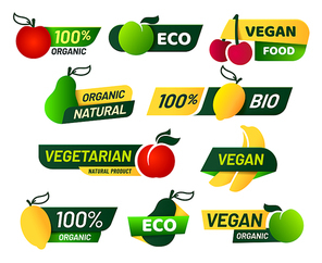 vegan labels. green  food, healthy fresh organic products and vegetarian emblem label. vegans label, natural food sticker or eco veganism badge. vector isolated icons set