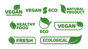 Vegan tag label. Veganism badge logo, vegetarian organic products and organic food badges. Green restaurant stamp or gluten free organic eco logotype. Vector isolated icons set