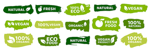 organic food labels. fresh  vegetarian products, vegan label and healthy foods badges. veganism logo, vegans weight loss sticker or ecological food product stamp. vector isolated symbols set