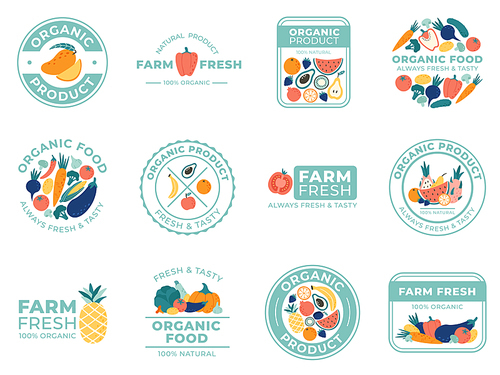 Fresh fruits and vegetables badges. Organic food, natural products and summer fruit. Vegetable badge, farm premium quality healthy foods ingredients logotype. Vector isolated illustration icons set