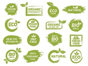 green , organic and vegan product grunge label. fresh healthy food logo. bio natural, gmo free, vegetarian package logo stamp vector set. eco natural and organic icon collection