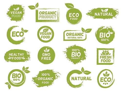 green , organic and vegan product grunge label. fresh healthy food logo. bio natural, gmo free, vegetarian package logo stamp vector set. eco natural and organic icon collection