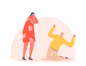 Sad People Crying, Desperate Male and Female Characters Close Face with Hands, Stand on Knees Express Negative Emotions with Tears Pour Down, Upset, Bad Mood, Grief. Cartoon Vector Illustration