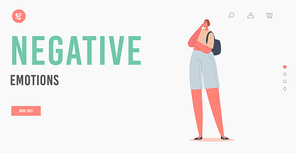 Negative Emotions, Grief Landing Page Template. Young Crying Woman with Unhappy Face and Tears Pouring Down, Sad Female Character, Girl Bad Mood, Melancholy or Sadness. Cartoon Vector Illustration