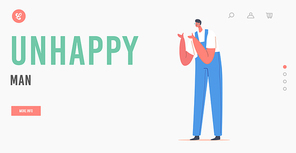 Unhappy Man Landing Page Template. Crying Male Character Feel Pain, Express Sad Negative Emotions with Tears Pouring from Eyes, Bad Mood, Grief, Mourning Agony, Sorrow. Cartoon Vector Illustration