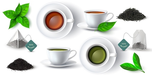 Realistic 3d cup with green and black tea, leaves and pyramid teabag. Cups with hot drink side and top view. Dry herbal tea piles vector set. Mug with beverage, dry and fresh leaves