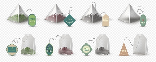 realistic pyramid and rectangular green, red and black tea bags with tags. empty 3d teabag mockup with labels for herbal beverage vector set. pack for hot drink brewing,  product