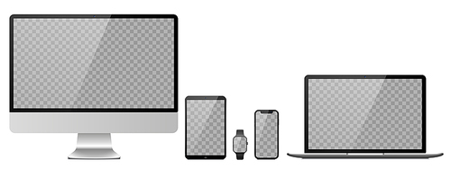 Devices with transparent wallpaper mockup. Device size screen, gadget display template, computer desktop, smartphone and smart watch. Vector illustration