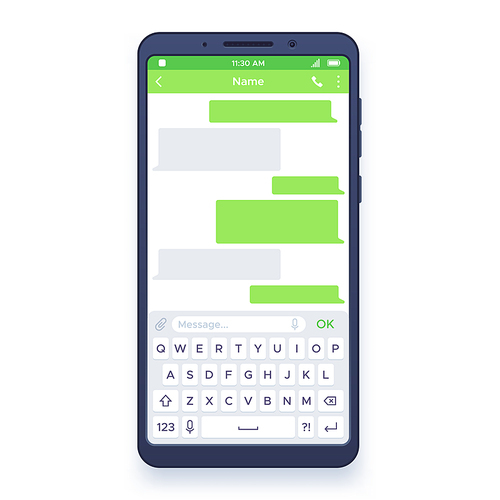 Smartphone chat. Dialogues bubbles on mobile device screen with keyboard, sending private message clouds chatting app vector template. Mobile phone online messenger application illustration