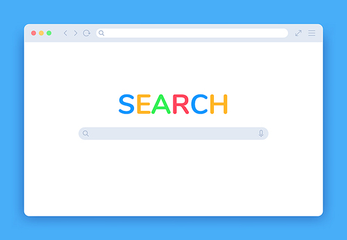 internet search window. browser search engine page, blank website tab, searching screen panel homepage isolated flat vector template. network page with icon elements in  for computer