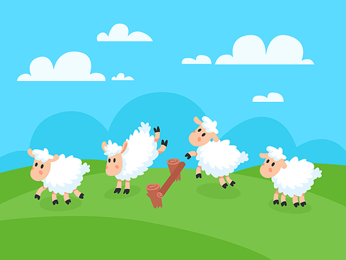Counting jumping happy cartoon sheeps for goodnight sleep. Cute white farm lamb character. Funny sheep jump over field fence for insomnia vector concept illustration
