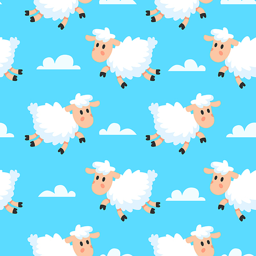 Happy cute sleeping baby animal sheeps fabric background. Dreamy woolly fun clouds baa lamb or sheep cartoon seamless fabric pattern vector illustration