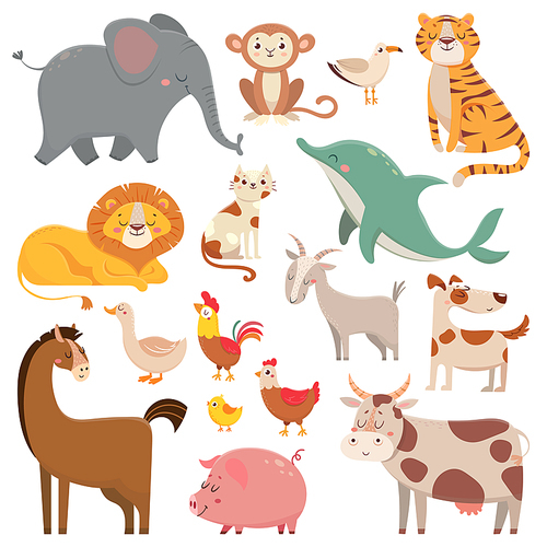 anmeil cartoons elephant, gull, dolphin, wild animal. cute pet, farm and jungle animals vector cartoon characters
