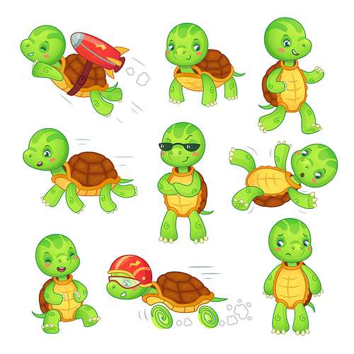 turtle anmeil. running fast tortoise cartoon characters icon. green funny walking run fall standing and rocket fly kids turtles cute wildlife animals in shell isolated vector illustration symbol set
