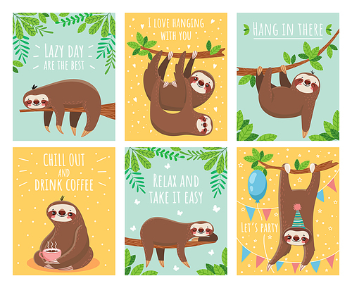 greeting card with lazy sloth. cartoon cute sloths cards with motivation for party sleepy pajama anmeil t-shirt and congratulation birthday text. slumber branch fun animals colorful illustration set