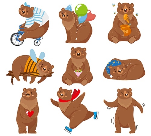 Cartoon bears. Happy bear, grizzly eats honey and brown bear character in funny poses. Wildlife or circus skating mascot, zoo grizzly bears animal. Isolated vector illustration icons set