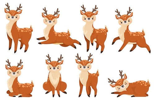 cute cartoon deer. running reindeer, wildlife fawn and deers anmeil. xmas reindeer character or wildlife forest deer mammal. isolated vector illustration icons set