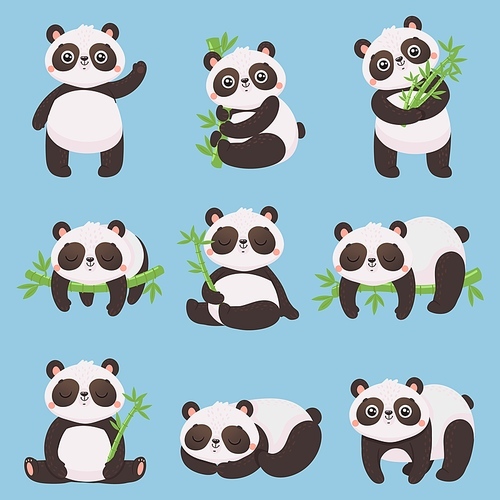 cartoon panda kids. little pandas, funny animals with bamboo and cute sleeping panda bear. doodle mascot pandas mammal character  or kid toys. isolated vector illustration icons set