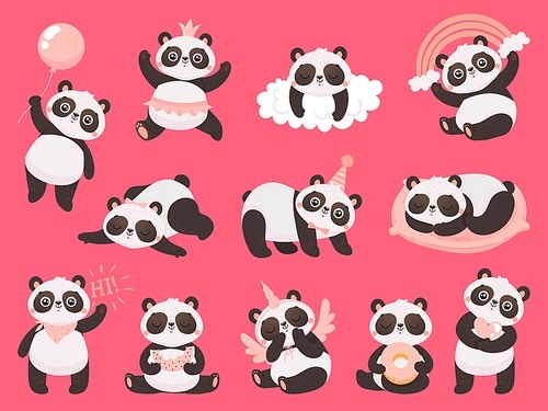 Cartoon cute panda. Little baby pandas, adorable sleeping animals and pink princess panda bear. Chibi mascot character, bamboo pandas expression. Isolated vector illustration icons set