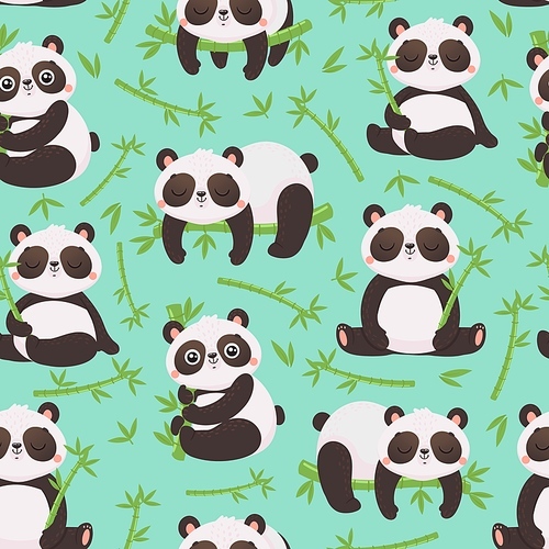 panda and bamboo seamless pattern. cute pandas animals, wild bamboo forest bear and sleeping baby panda. anmeil room interior wallpaper, gift wrapping or pandas fabric vector illustration