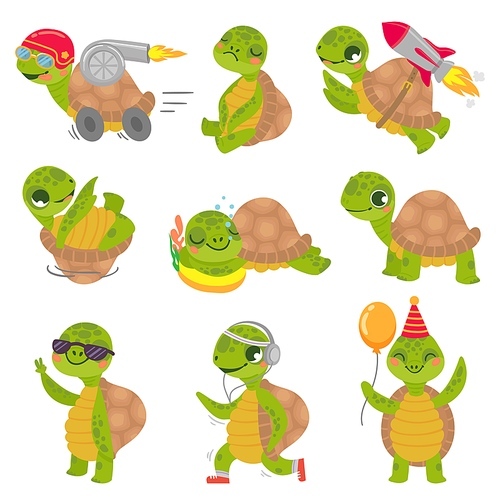 turtle anmeil. cute little green turtles mascot, fast rocket tortoise and sleeping turtle vector illustration set. collection of funny baby reptiles or reptilians. bundle of happy wild exotic animals.