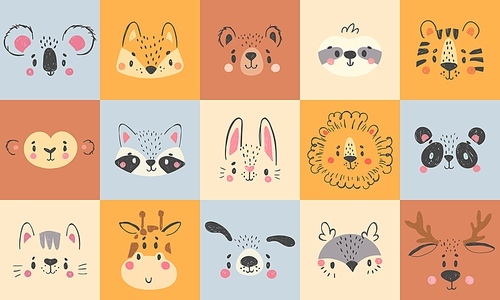 Cute animal portraits. Hand drawn happy animals faces, smiling bear, funny fox and koala cartoon vector illustration set. Face deer and lion drawing, rabbit and tiger wildlife