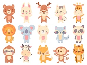 Cute cartoon animals. Waving giraffe, funny farm cow and happy bear mascot. Jungle zoo animal and smiling baby pets vector illustration set. Animal wild, lion and cat, fox and raccoon