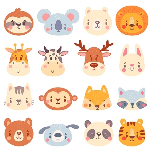 Cute animal faces. Color animal portraits, cuteness tiger, funny bunny head and funny fox face vector illustration set. Bear giraffe panda, koala and rabbit, tiger mascot