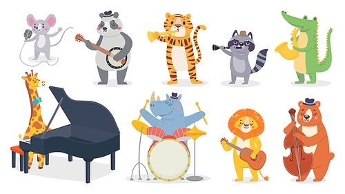 Cartoon animals with music instruments. Giraffe play piano, cute panda with banjo and alligator plays saxophone. Lion with guitar, hippo play on drum illustration
