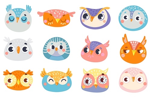 Cute owl faces. Set of face owl fun, drawing childish illustration, cheerful look and animal birds emotion vector