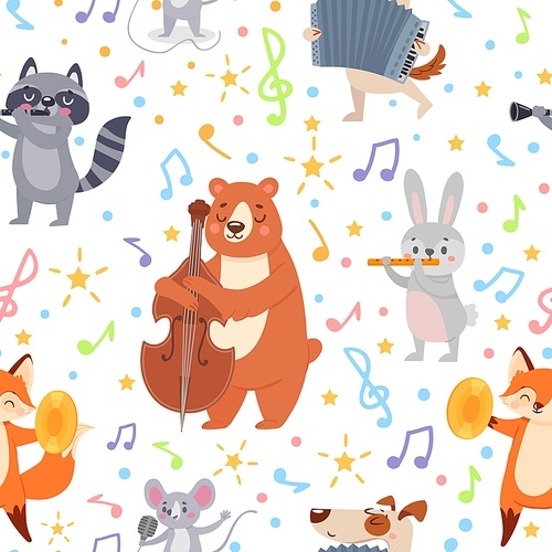 animal musicians seamless . funny animals musicians play different musical instruments wallpaper, wrapping or textile vector texture. musician animal with instrument orchestra