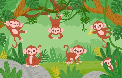 Cute monkeys hanging on lianas trees in jungle forest. Cartoon happy monkey characters play and jump. Childish tropical zoo vector landscape. Illustration of animal monkey hang on liana