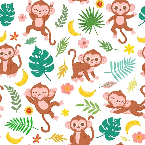 Seamless pattern with baby monkey, banana and tropical leaves. Cartoon childish jungle animal  for fabric. Cute monkeys vector texture. Illustration of seamless pattern jungle with monkeys