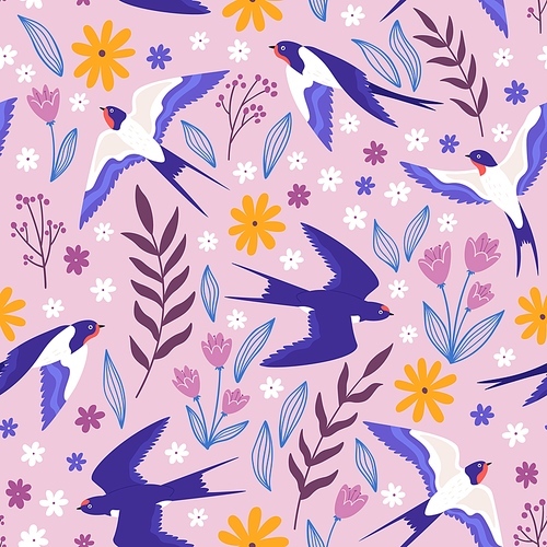Vintage seamless pattern with flying swallows, flowers and plants. Rural meadow  with birds and leaves. Vector cottage core wallpaper. Illustration of seamless pattern with swallow