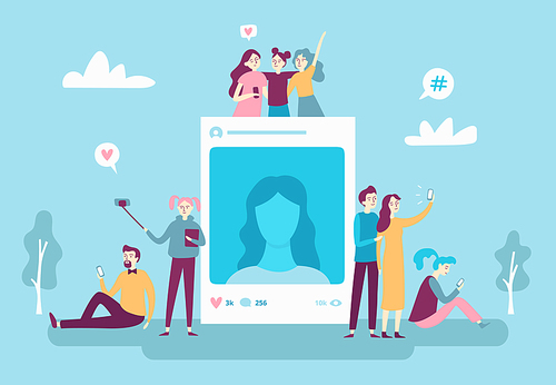 Social network photo post. Youngsters people posting selfie photos on smartphone. Social media bloggers photography account addiction vector networking concept illustration