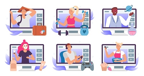 video .gers. beauty .ger or vlogger, travel blog and lets play gamer stream translation. fitness, cooking and science education video tutorial. lifestyle vlogging isolated flat vector icons set