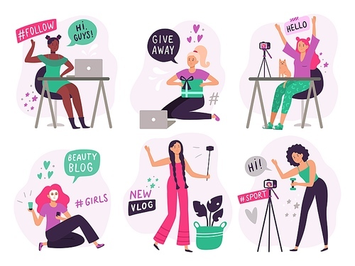 cute .ger girls. beauty .gers create and post video content, smiling vlogger girl and online young woman blog. social media vlog phones shooting. isolated flat vector illustration icons set