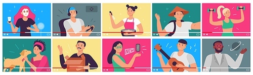 video tutorial. .gers, content creators and vloggers influencers videos in player interface. people shoot video tutorials for internet, education vlogs. flat vector illustration icons set