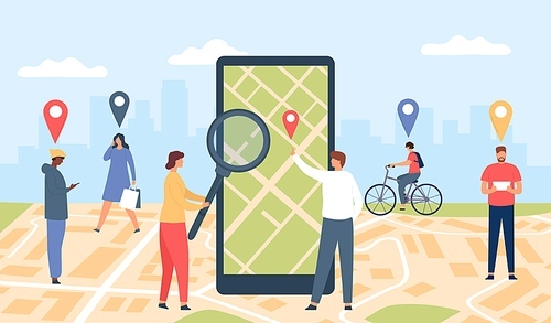 Tracking online application. Smartphone with GPS app on screen, city location map and walking people with pins. Geolocation vector concept. Gps app smartphone, online application geolocation