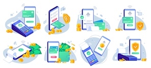 Mobile payments. Online sending money from mobile wallet to bank card, golden coins transfer app and e payment vector illustration set. Mobile payment, business finance pay, transaction online