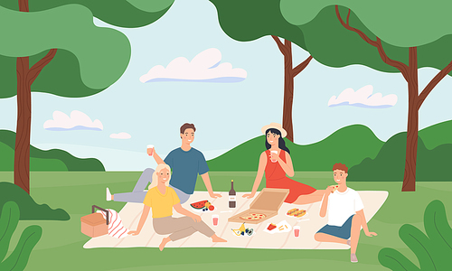 Friends at picnic. Happy young men and women having lunch together outdoor, rest to nature summer vacation cartoon vector illustration. Summer picnic and recreation, happy young together rest