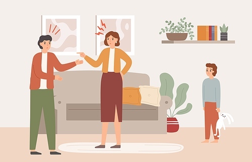 Parents arguing in front of child. Angry mother and father quarreling in living room. Sad son watching conflict. Woman and man fighting near kid. Aggressive husband and wife vector illustration