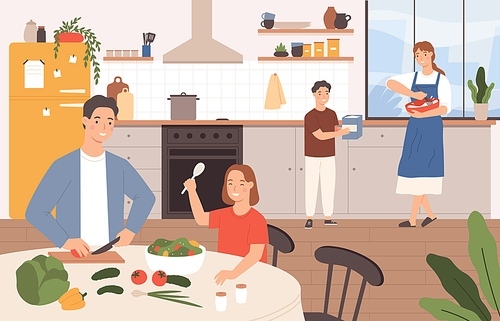 Family cooking together. Happy parents and children baking in kitchen. Son helps mother cook. Family with kids preparing food vector concept. Father cutting salad, daughter at table